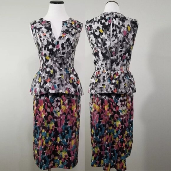 BCBG Max Azaria Silk Peplum Dress Size 6 Artsy Amelia Sheath - Picture 1 of 8